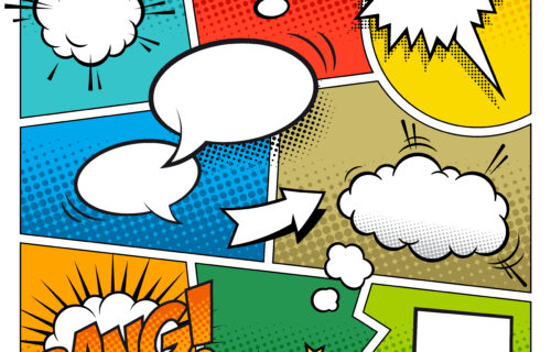 Image shows comic book layout with various speech bubbles.