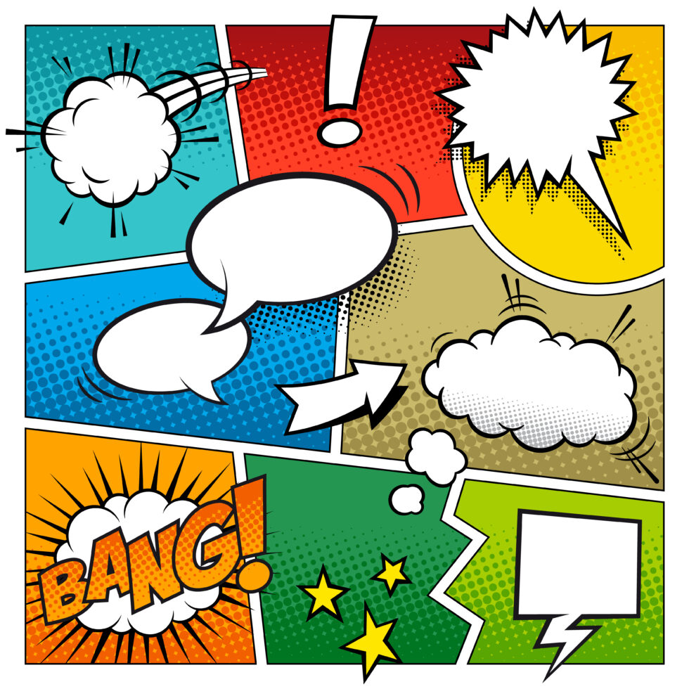 Image shows comic book layout with various speech bubbles.