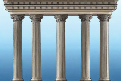 Five pillars made of stone on blue sky background symbolizing the five pillars of reading instruction.