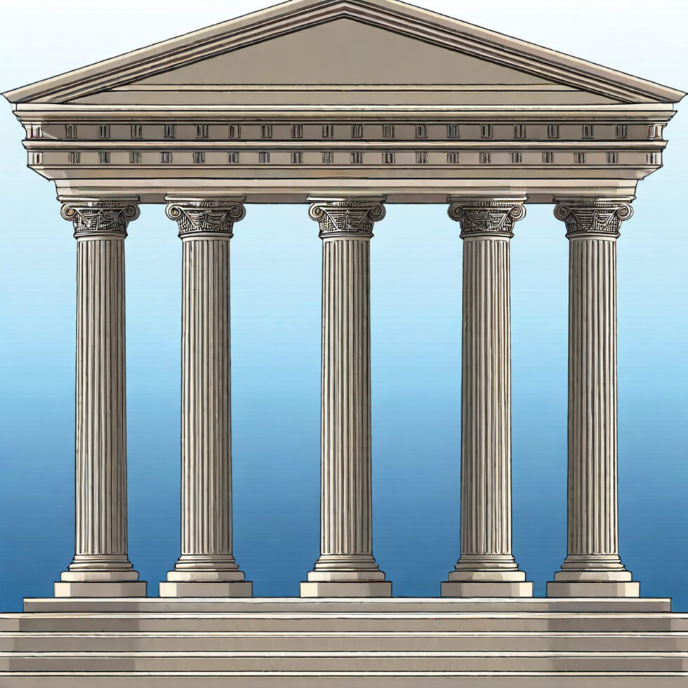 Five pillars made of stone on blue sky background symbolizing the five pillars of reading instruction.