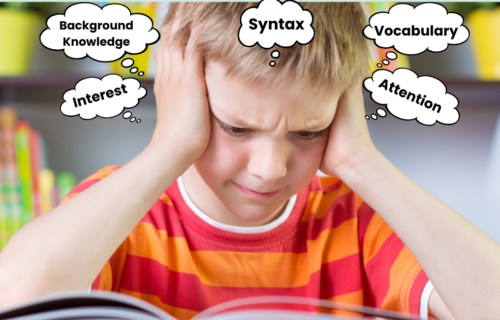 Frustrated boy in striped shirt reading with head in hands with reading comprehension factors in thought bubbles.