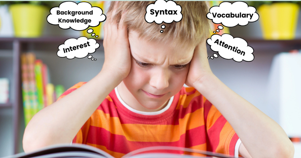 Frustrated boy in striped shirt reading with head in hands with reading comprehension factors in thought bubbles.