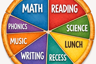 Round pizza divided into sections labeled math, reading, science, lunch, recess, writing, music, and phonics.
