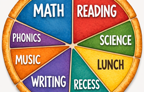 Round pizza divided into sections labeled math, reading, science, lunch, recess, writing, music, and phonics.