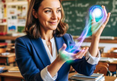 Image shows teacher in blue blazer holding a magic ball in a classroom, ready to uncover for students how to write strongly.