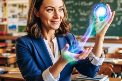 Image shows teacher in blue blazer holding a magic ball in a classroom, ready to uncover for students how to write strongly.