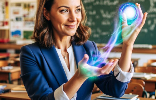 Image shows teacher in blue blazer holding a magic ball in a classroom, ready to uncover for students how to write strongly.