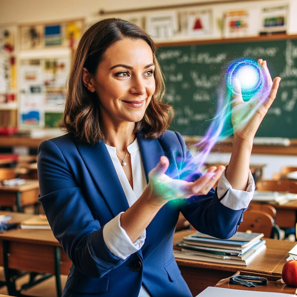 Image shows teacher in blue blazer holding a magic ball in a classroom, ready to uncover for students how to write strongly.