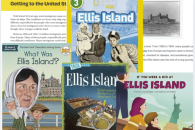 Image shows Ellis Island books to show that text sets help students build vocabulary and background knowledge.