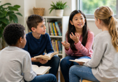 Four students using speaking and listening skills as they have a collaborative discussion for book club in the classroom.