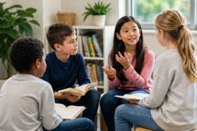 Four students using speaking and listening skills as they have a collaborative discussion for book club in the classroom.