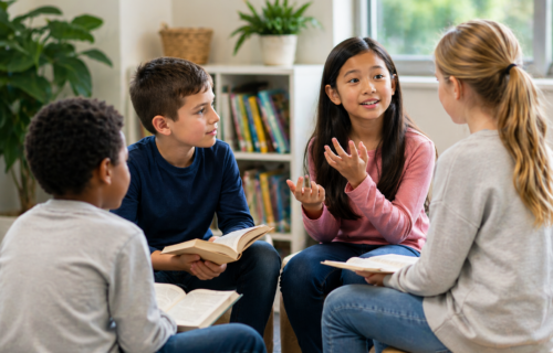 Four students using speaking and listening skills as they have a collaborative discussion for book club in the classroom.