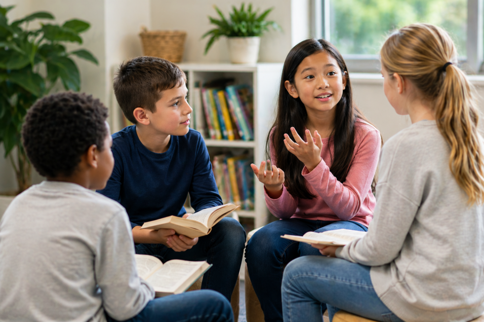 Four students using speaking and listening skills as they have a collaborative discussion for book club in the classroom.
