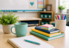 Image shows organized teacher desk with open notebook, stack of colorful books, and teal blue mug.