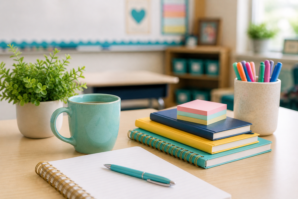 Image shows organized teacher desk with open notebook, stack of colorful books, and teal blue mug.