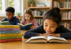 AI generated image showing engaged girls and boy motivated to read in class.