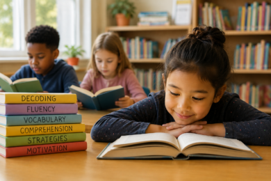 AI generated image showing engaged girls and boy motivated to read in class.