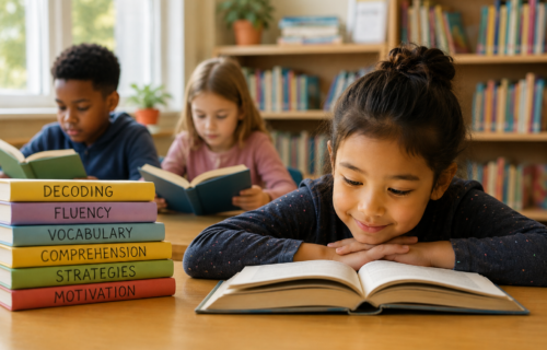 AI generated image showing engaged girls and boy motivated to read in class.