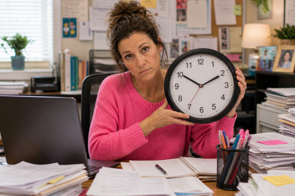Image shows busy teacher surrounded by papers to grade holding a clock to show that there is not enough time in the teaching day.