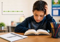AI generated image of young boy reading a book in school.