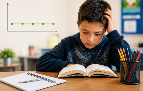 AI generated image of young boy reading a book in school.