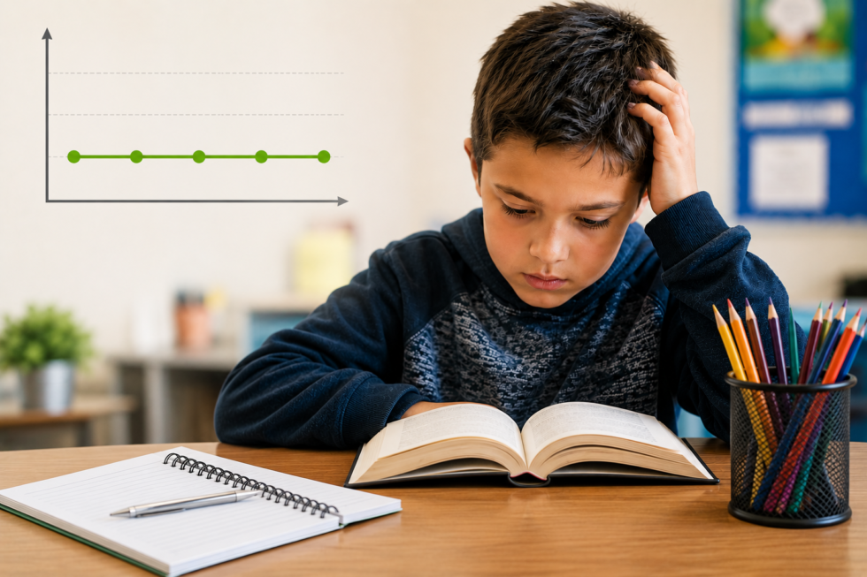 AI generated image of young boy reading a book in school.