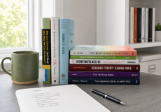 Image shows stack of professional books on gray desk next to green mug and a notebook and pen.
