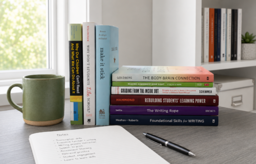 Image shows stack of professional books on gray desk next to green mug and a notebook and pen.