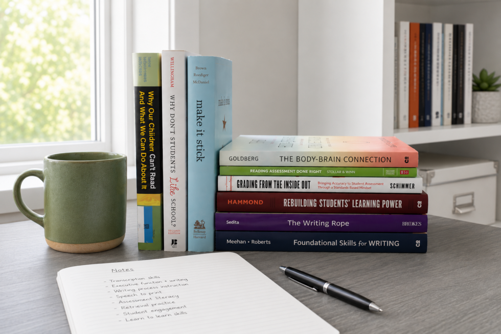 Image shows stack of professional books on gray desk next to green mug and a notebook and pen.