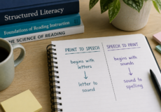 AI image of a stack of literacy books and an open notebook with text that lists differences between print to speech and speech to print phonics approaches.