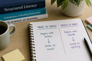 AI image of a stack of literacy books and an open notebook with text that lists differences between print to speech and speech to print phonics approaches.