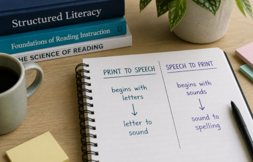 AI image of a stack of literacy books and an open notebook with text that lists differences between print to speech and speech to print phonics approaches.