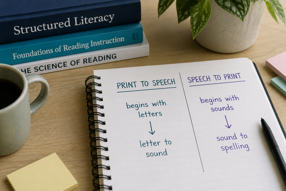 AI image of a stack of literacy books and an open notebook with text that lists differences between print to speech and speech to print phonics approaches.