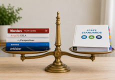Image shows brass balance scale on wood desk with state standards binder on one side and stack of reading programs on the other.