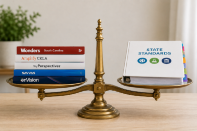 Image shows brass balance scale on wood desk with state standards binder on one side and stack of reading programs on the other.