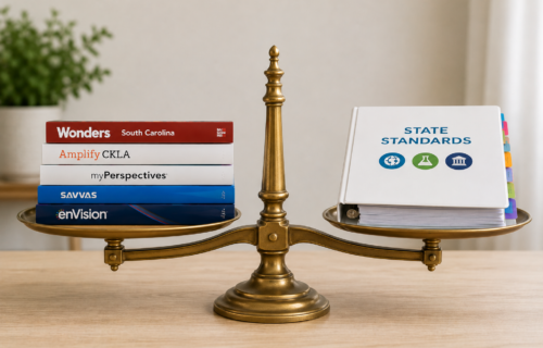 Image shows brass balance scale on wood desk with state standards binder on one side and stack of reading programs on the other.